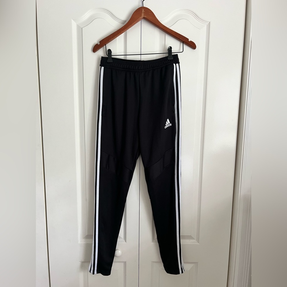 adidas Men’s Small Black with Three White Stripes Drawstring Waist Zipper at Hem